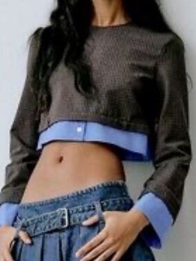 Zara  Cropped Knit Top with Blue Trim NWT